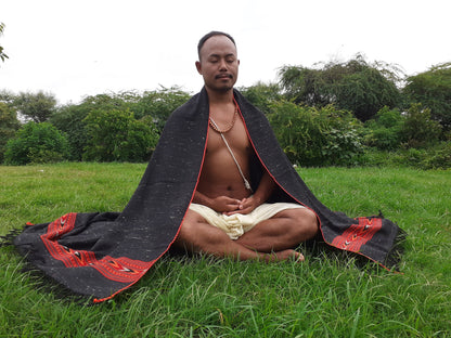 Handwoven Black Pure Himalayan Sheep Wool Meditation Shawl,Himalayan Prayer Blanket,Kullu Shawl,Ethnic Indian Shawl,Wool Prayer Wrap