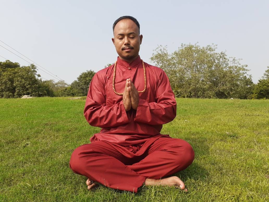 Custom-Made Tibetan Traditional Meditation Suit,Buddhist Prayer Robe,Tibetan Ethnic Shirt and Drawstring Pant for Men, Zen Prayer Clothing