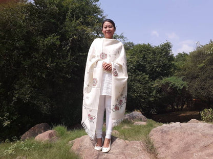 TARA Handwoven Embroidered White Pure Himalayan Sheep Wool Meditation Shawl,Himalayan Prayer Wrap,Ethnic Kullu Indian Floral Scarf/Stole