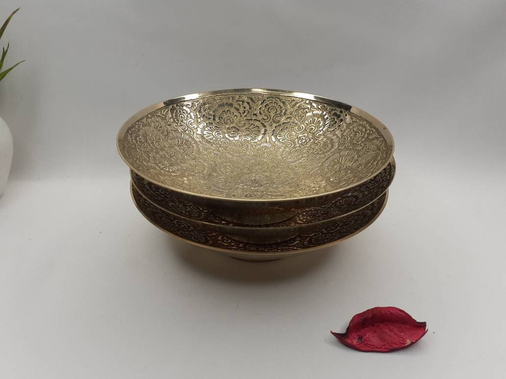 Decorative Handcrafted Floral Brass Ritual Prayer Offering Bowl,Handmade Brass Bowl  with Flower Embossed Design,Brass Altar Decor/Bowl