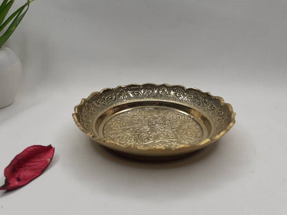 Decorative Handcrafted Floral Brass Ritual Prayer Offering Plate,Handmade Puja Thali with Flower Embossed Design,Brass Altar Decor Plate