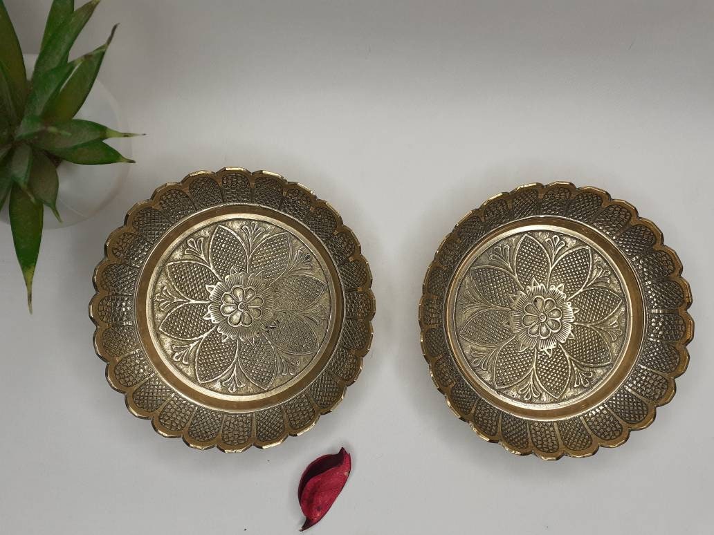 Decorative Handcrafted Floral Brass Ritual Prayer Offering Plate,Handmade Puja Thali with Flower Embossed Design,Brass Altar Decor Plate