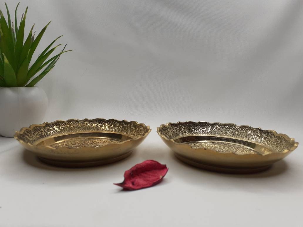 Decorative Handcrafted Floral Brass Ritual Prayer Offering Plate,Handmade Puja Thali with Flower Embossed Design,Brass Altar Decor Plate
