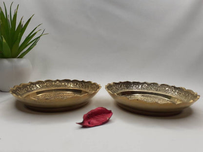 Decorative Handcrafted Floral Brass Ritual Prayer Offering Plate,Handmade Puja Thali with Flower Embossed Design,Brass Altar Decor Plate