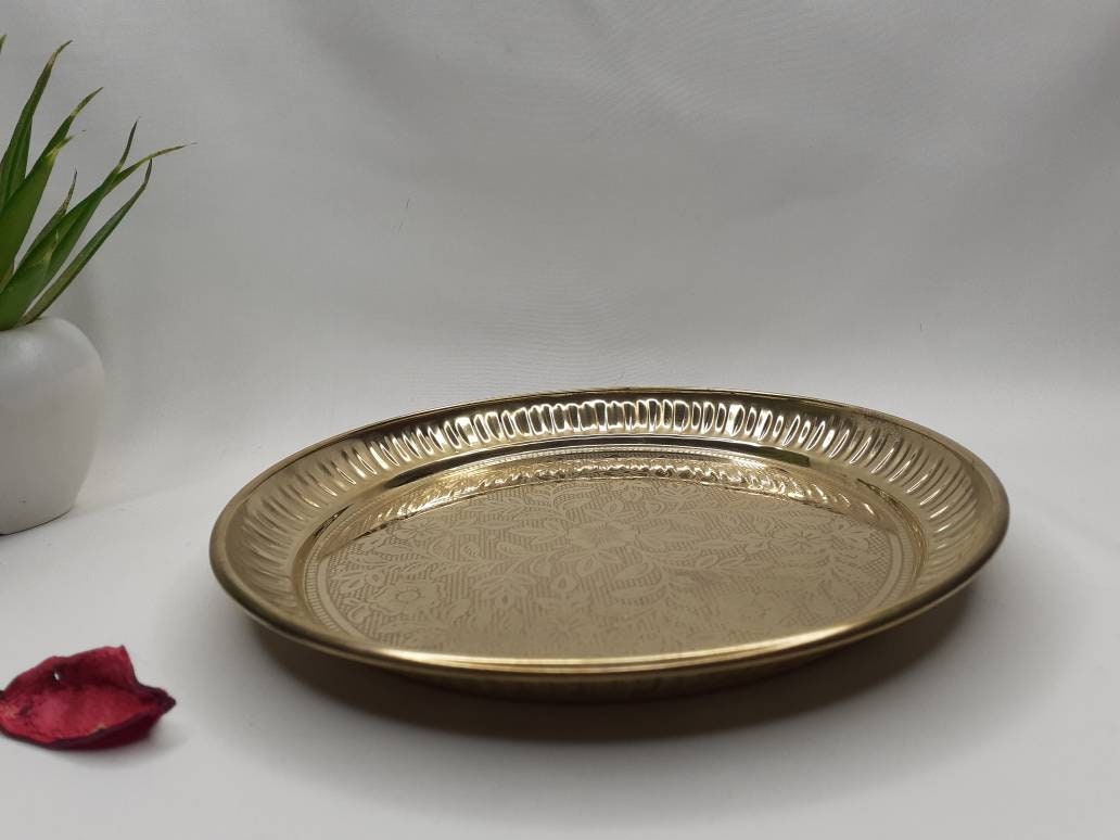 Decorative Handcrafted Floral Brass Ritual Prayer Offering Plate,Handmade Puja Thali with Flower Embossed Design,Brass Altar Decor Plate