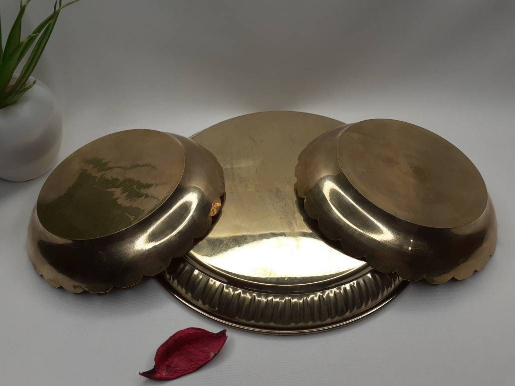 Decorative Handcrafted Floral Brass Ritual Prayer Offering Plate,Handmade Puja Thali with Flower Embossed Design,Brass Altar Decor Plate
