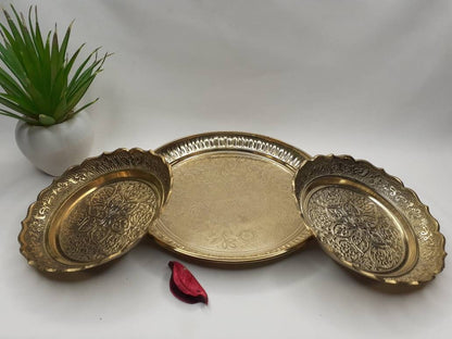 Decorative Handcrafted Floral Brass Ritual Prayer Offering Plate,Handmade Puja Thali with Flower Embossed Design,Brass Altar Decor Plate