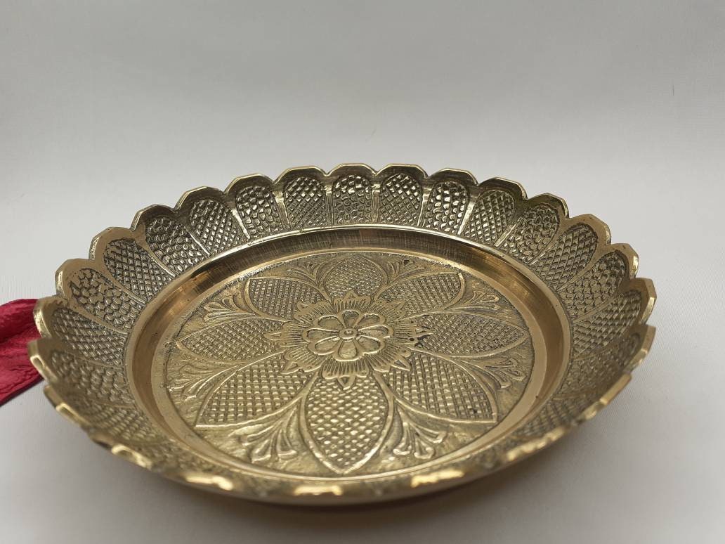 Decorative Handcrafted Floral Brass Ritual Prayer Offering Plate,Handmade Puja Thali with Flower Embossed Design,Brass Altar Decor Plate