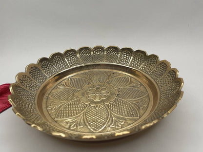 Decorative Handcrafted Floral Brass Ritual Prayer Offering Plate,Handmade Puja Thali with Flower Embossed Design,Brass Altar Decor Plate
