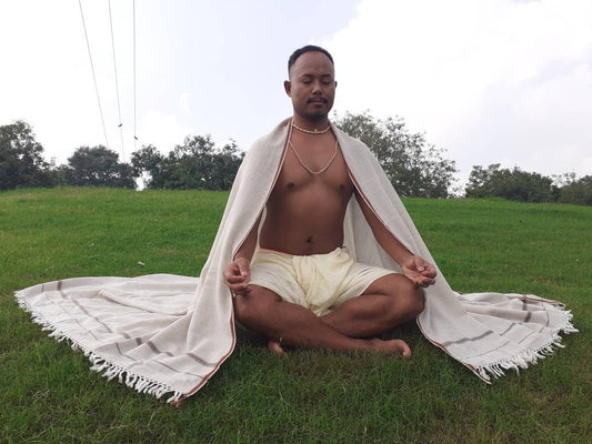 TRISHUL Large Handwoven Light Grey Himalayan Sheep Wool Meditation Shawl,Wool Indian Blanket,Handmade Prayer Wrap,Himalayan Wool Prayer Wrap