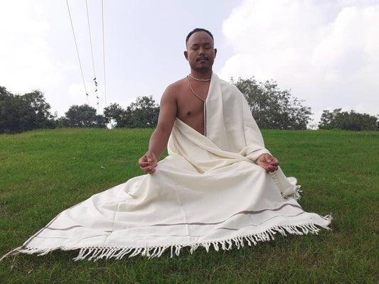 GANESHA Large Handwoven White Pure Himalayan Sheep Wool Meditation Shawl,Handmade Indian/Himalayan Tantrik Prayer Wrap,Himalayan Yoga Shawl,