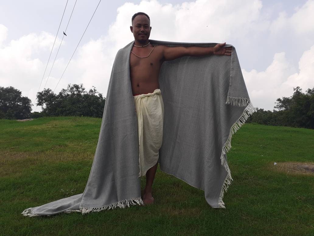 SURYA X-Large Handwoven Grey Plain Himalayan Sheep Wool Meditation Shawl,Himalayan Prayer Zen,Wool Prayer Wrap,Ethnic Indian Yoga Blanke