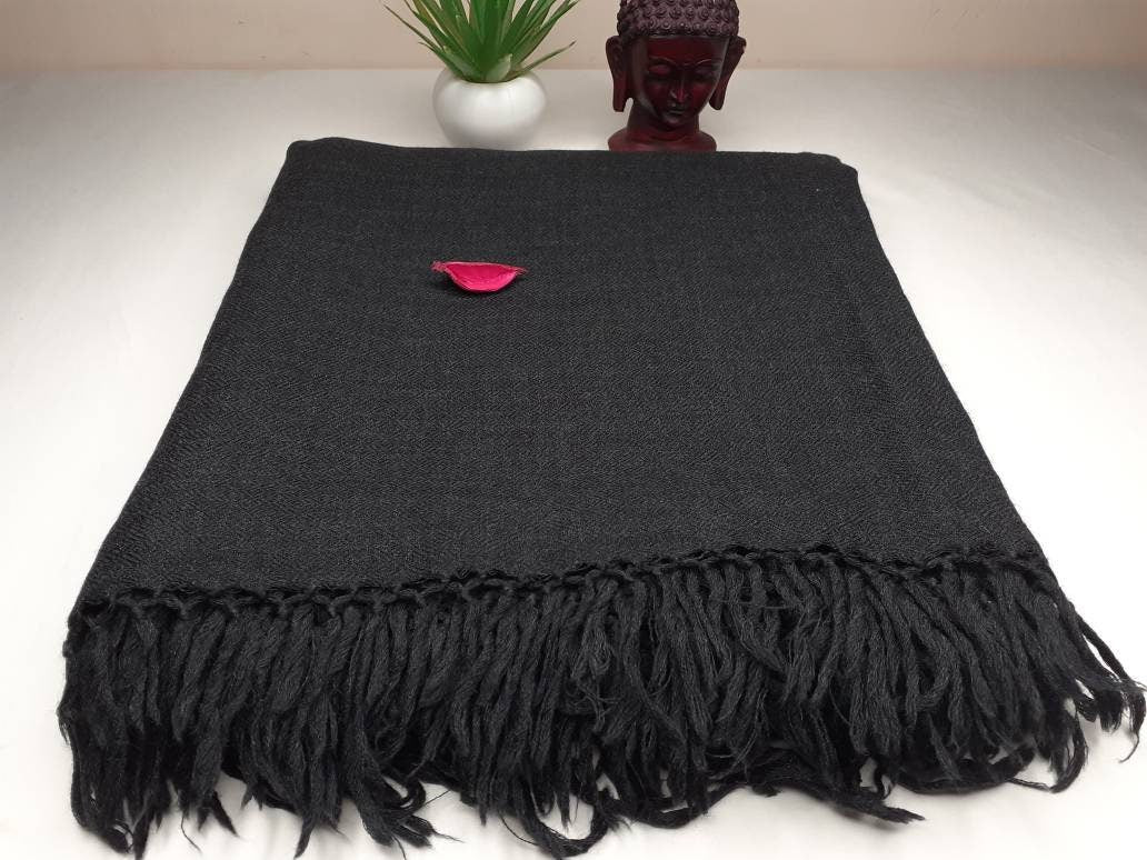 KAAL X-Large Handwoven Black Plain Himalayan Sheep Wool Meditation Shawl,Himalayan Prayer Blanket,Wool Prayer Wrap,Ethnic Indian YogaBlanket