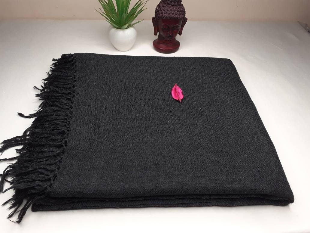 KAAL X-Large Handwoven Black Plain Himalayan Sheep Wool Meditation Shawl,Himalayan Prayer Blanket,Wool Prayer Wrap,Ethnic Indian YogaBlanket
