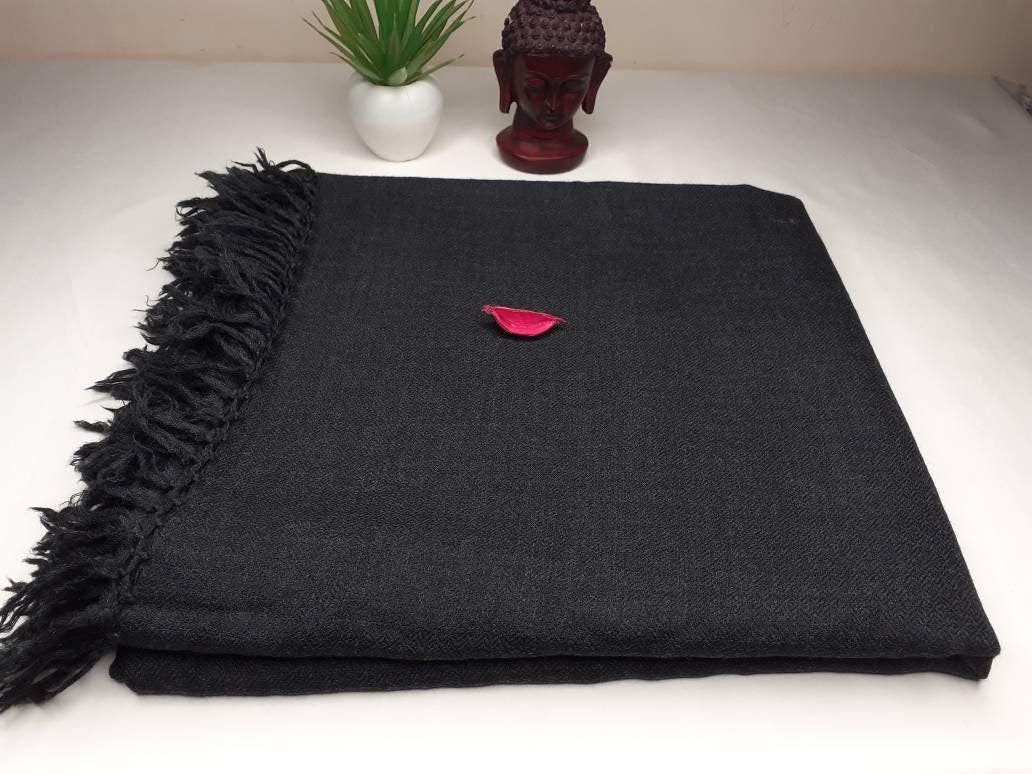KAAL X-Large Handwoven Black Plain Himalayan Sheep Wool Meditation Shawl,Himalayan Prayer Blanket,Wool Prayer Wrap,Ethnic Indian YogaBlanket