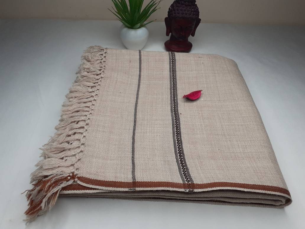 AGNI Large Handwoven Beige Color Yogi Himalayan Sheep Wool Meditation Shawl,Ethnic Indian Yoga Wrap,Himalayan Wool Prayer Zen,Kullu Shawl