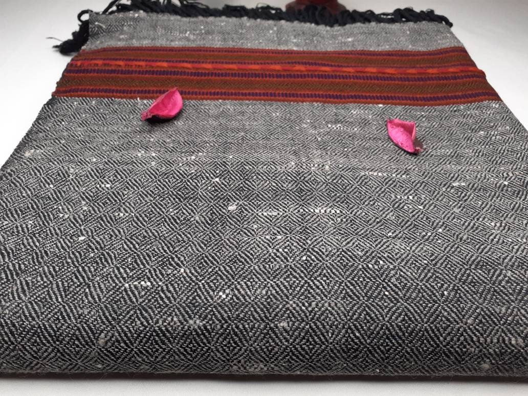 GAURA Large Dark Grey Handwoven Pure Himalayan Yak Wool Prayer Blanket,Yak Wool Meditation Shawl,Tibetan Yak Wool Blanket,Himalayan Yak Wrap