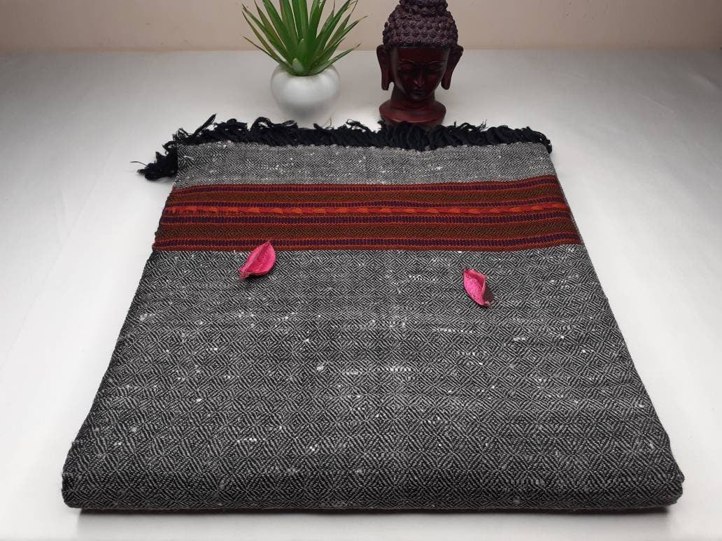 GAURA Large Dark Grey Handwoven Pure Himalayan Yak Wool Prayer Blanket,Yak Wool Meditation Shawl,Tibetan Yak Wool Blanket,Himalayan Yak Wrap