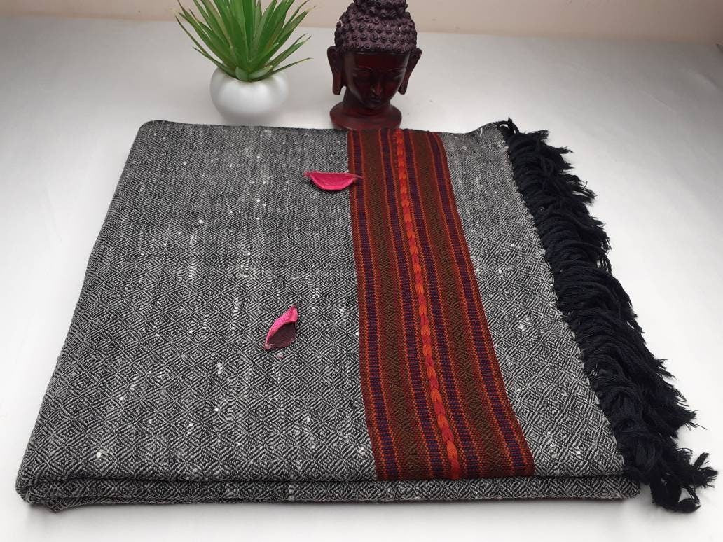 GAURA Large Dark Grey Handwoven Pure Himalayan Yak Wool Prayer Blanket,Yak Wool Meditation Shawl,Tibetan Yak Wool Blanket,Himalayan Yak Wrap