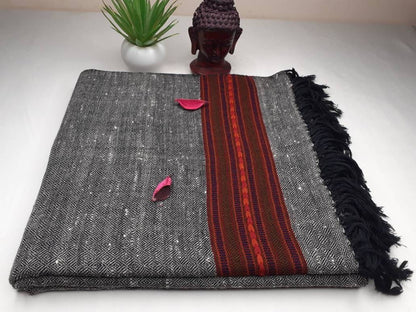 GAURA Large Dark Grey Handwoven Pure Himalayan Yak Wool Prayer Blanket,Yak Wool Meditation Shawl,Tibetan Yak Wool Blanket,Himalayan Yak Wrap