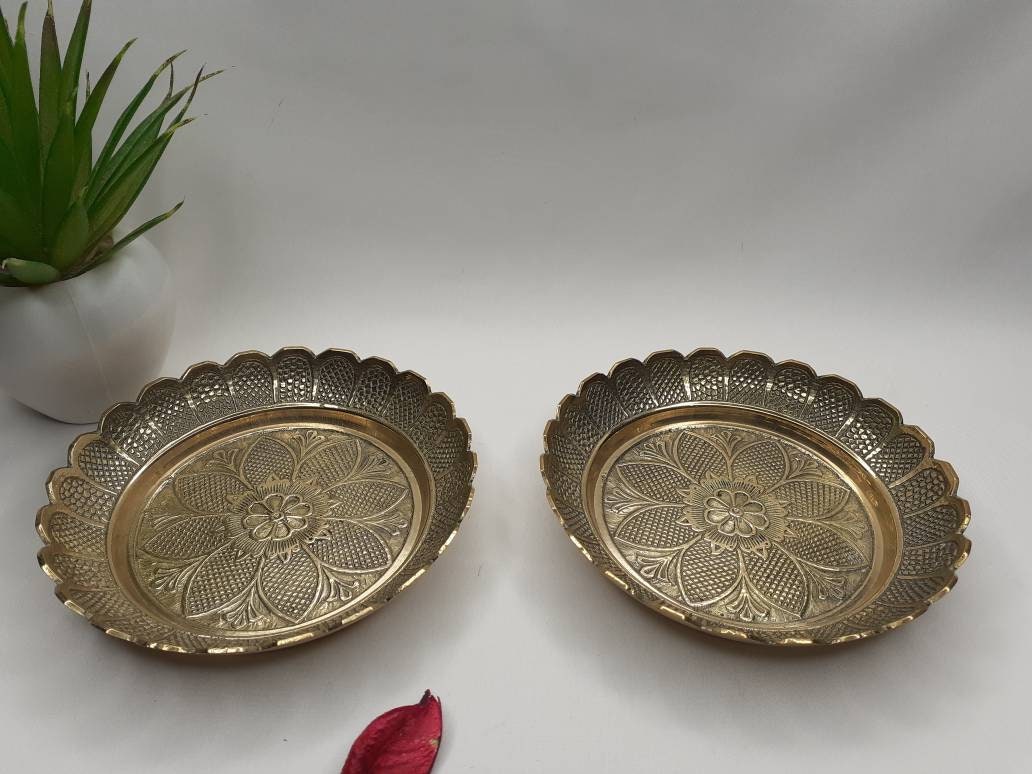 Decorative Handcrafted Floral Brass Ritual Prayer Offering Plate,Handmade Puja Thali with Flower Embossed Design,Brass Altar Decor Plate