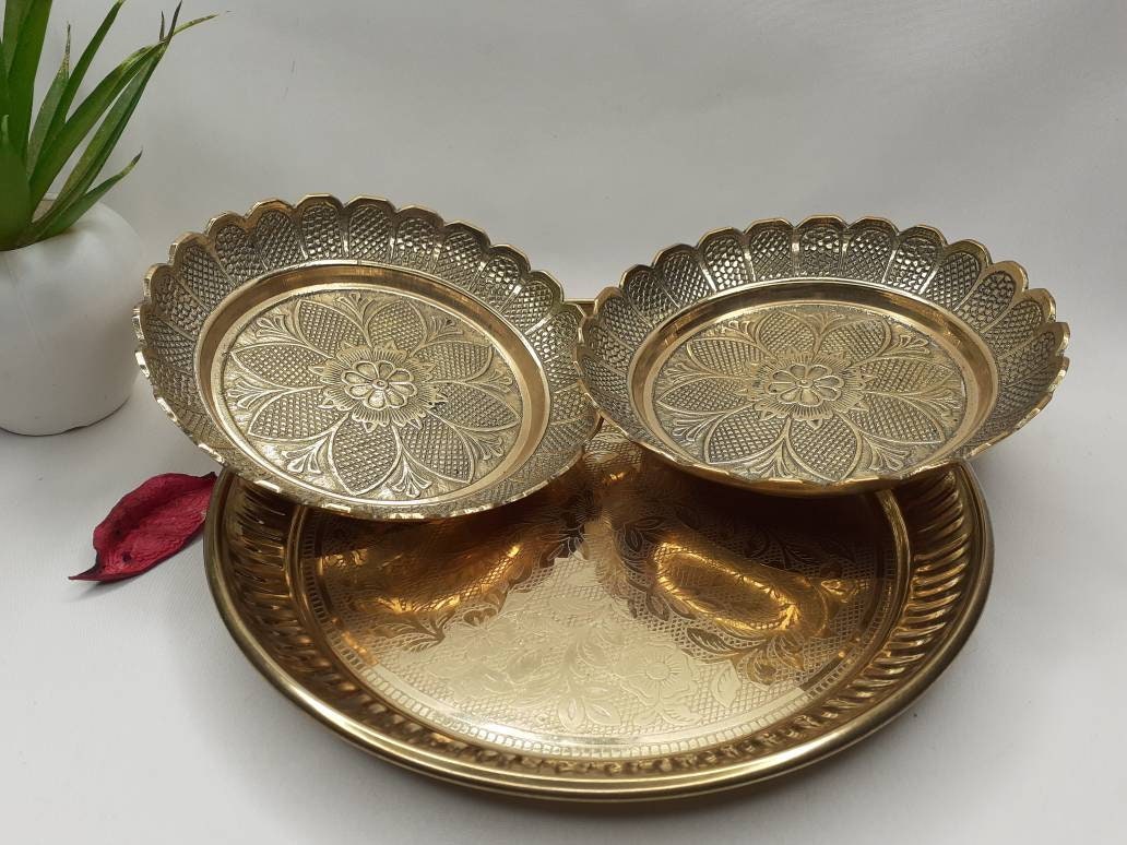 Decorative Handcrafted Floral Brass Ritual Prayer Offering Plate,Handmade Puja Thali with Flower Embossed Design,Brass Altar Decor Plate