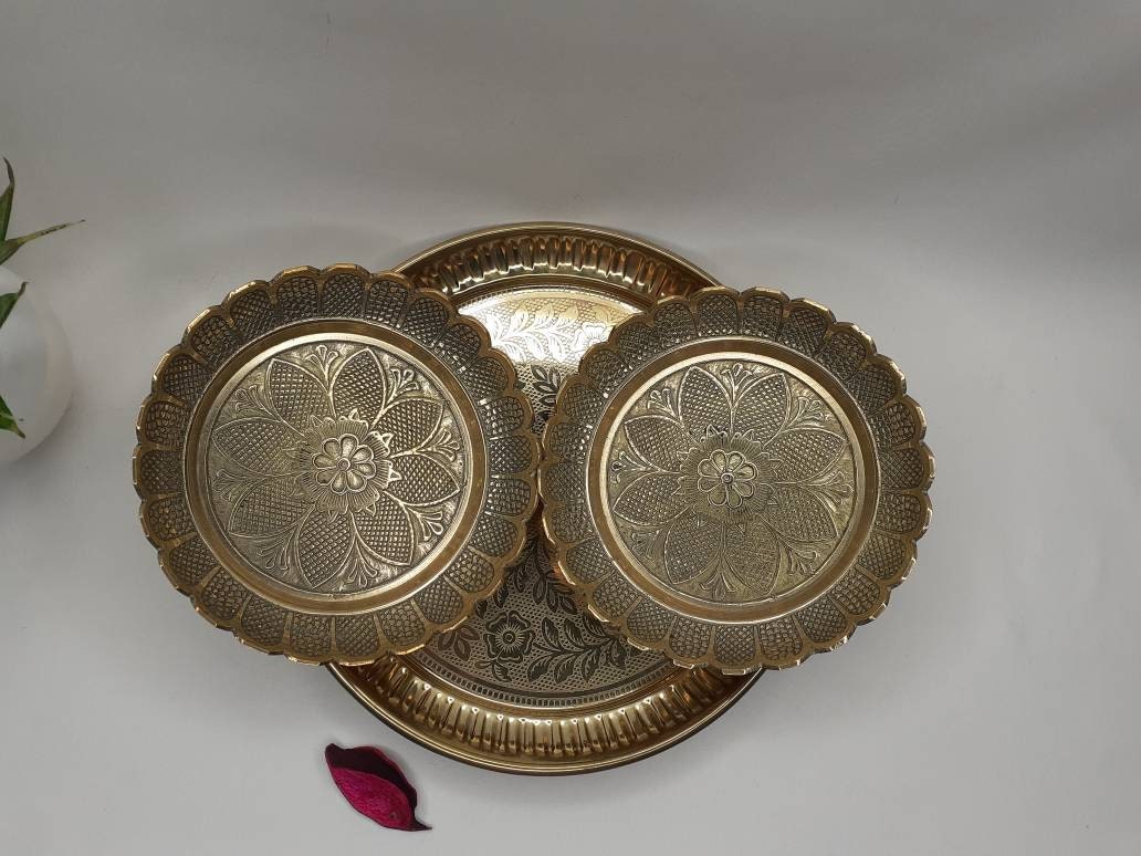 Decorative Handcrafted Floral Brass Ritual Prayer Offering Plate,Handmade Puja Thali with Flower Embossed Design,Brass Altar Decor Plate