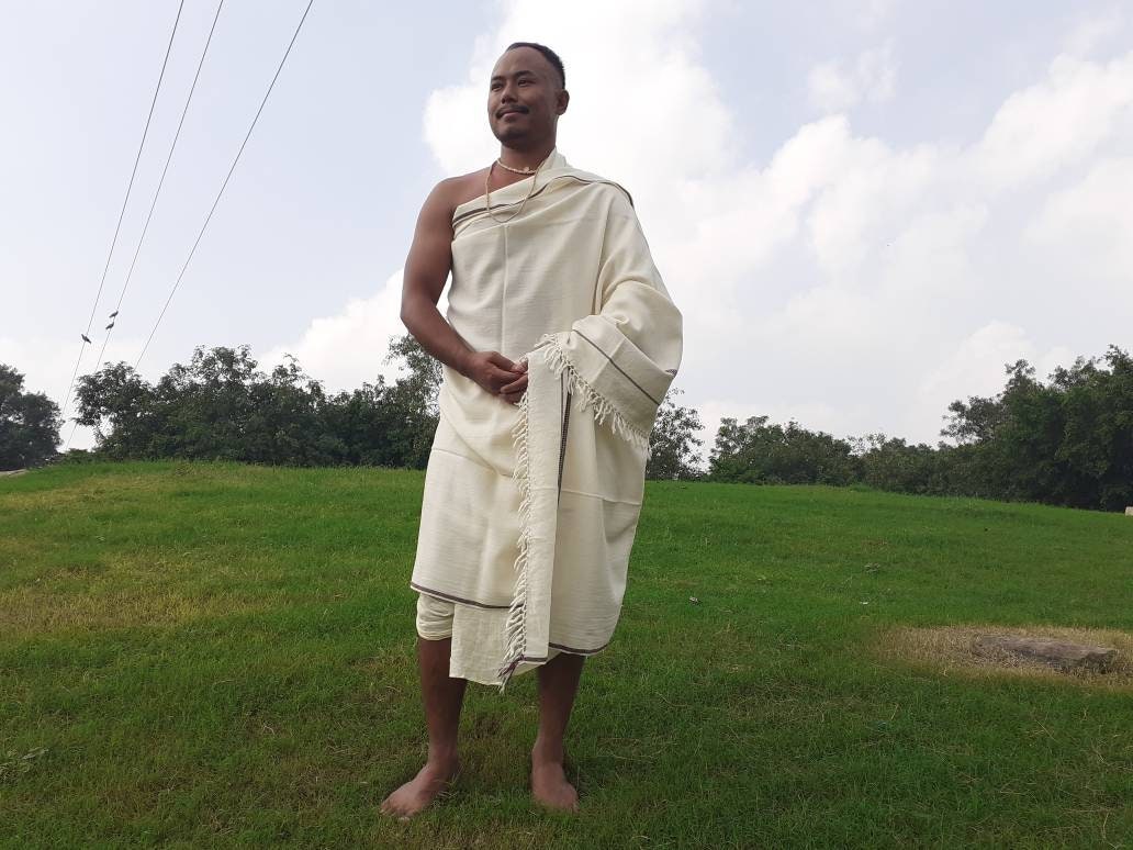 GANESHA Large Handwoven White Pure Himalayan Sheep Wool Meditation Shawl,Handmade Indian/Himalayan Tantrik Prayer Wrap,Himalayan Yoga Shawl,