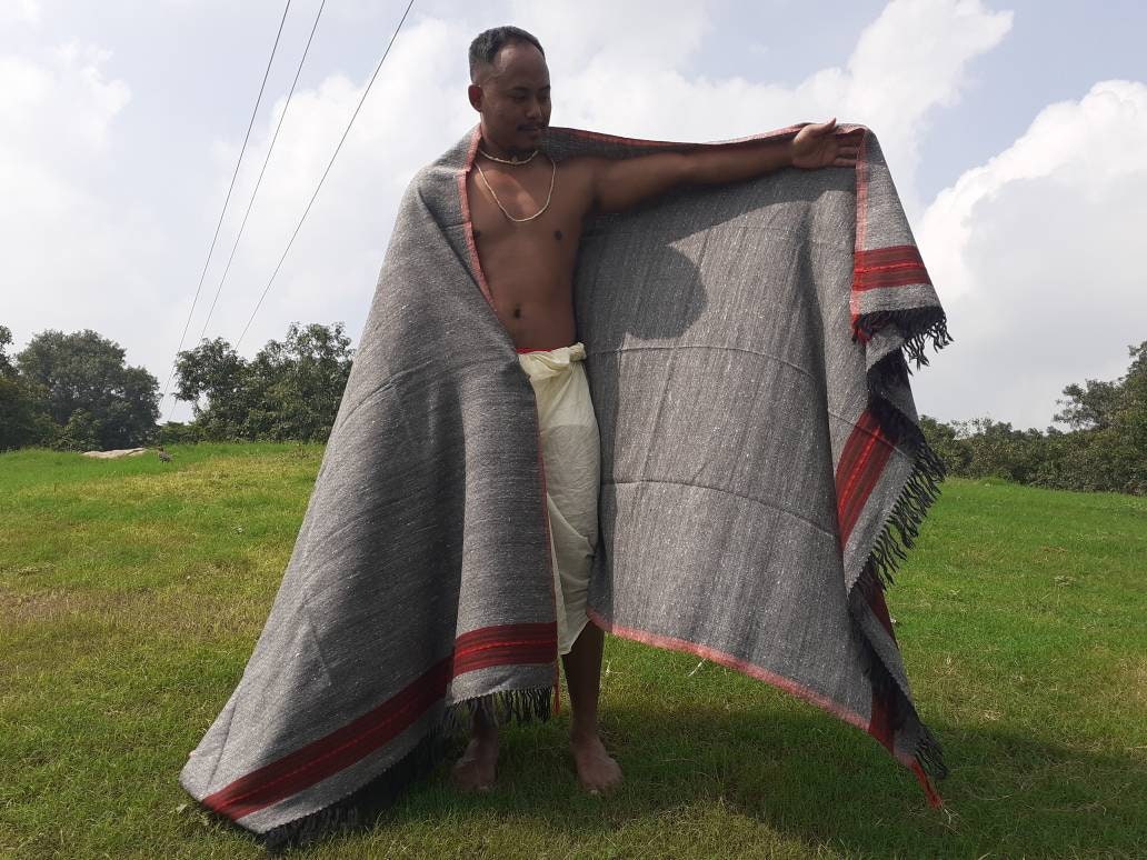 GAURA Large Dark Grey Handwoven Pure Himalayan Yak Wool Prayer Blanket,Yak Wool Meditation Shawl,Tibetan Yak Wool Blanket,Himalayan Yak Wrap