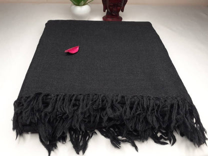 KAAL X-Large Handwoven Black Plain Himalayan Sheep Wool Meditation Shawl,Himalayan Prayer Blanket,Wool Prayer Wrap,Ethnic Indian YogaBlanket