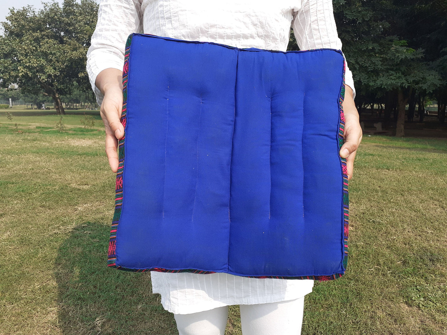 Handmade Portable And Foldable Floor Meditation Cushion with Bhutanese Fabric Border,Organic Cotton Meditation Yoga Posture Zen Cushion,
