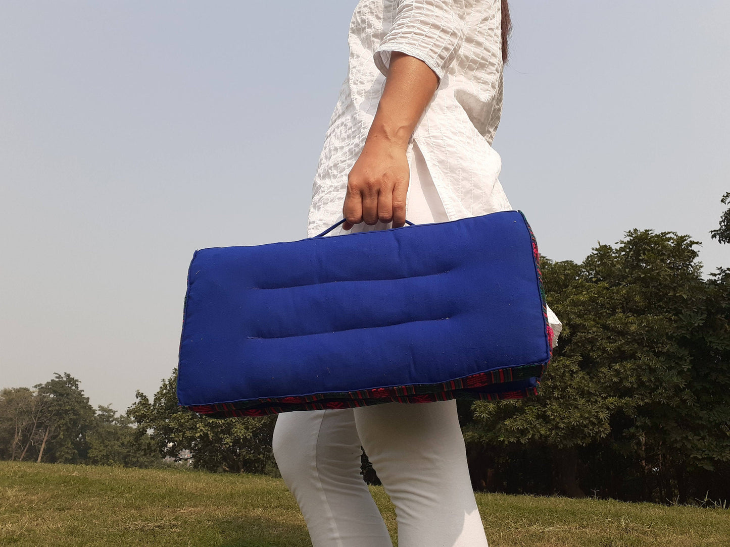 Handmade Portable And Foldable Floor Meditation Cushion with Bhutanese Fabric Border,Organic Cotton Meditation Yoga Posture Zen Cushion,