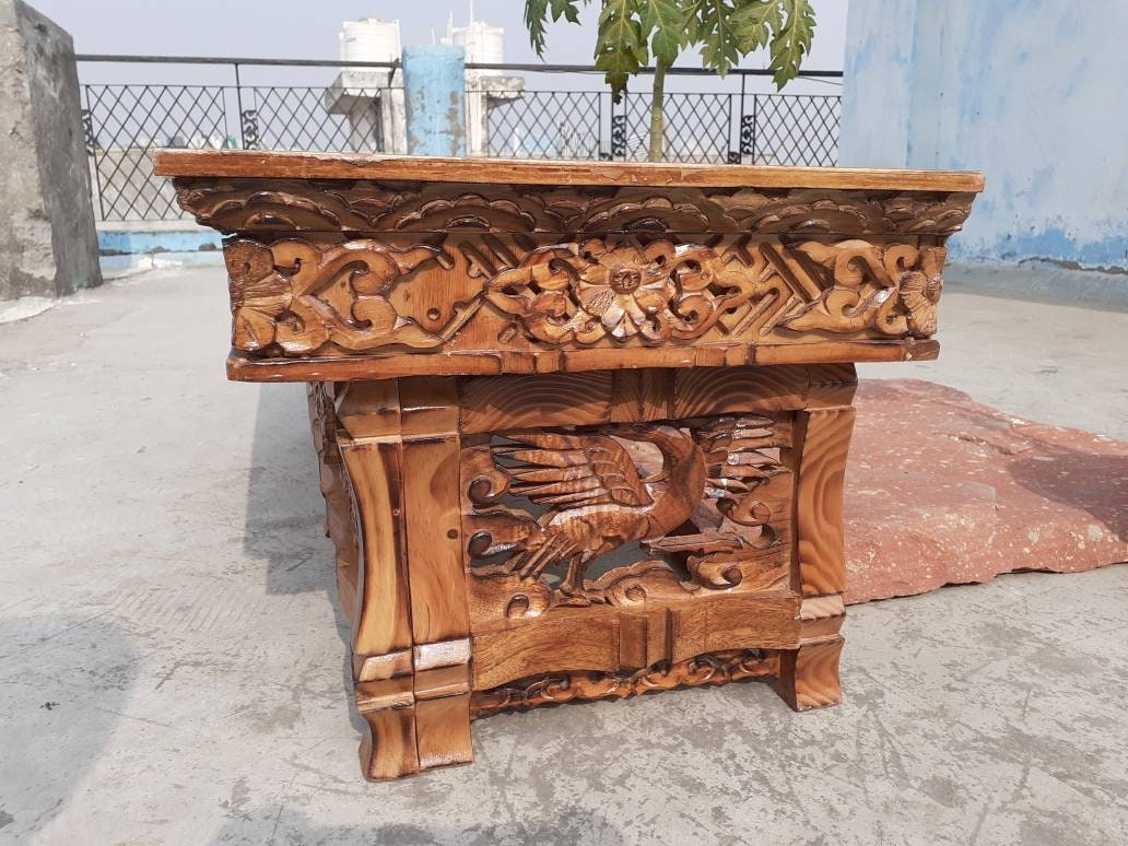 Low Floor Dragon Handcarved Foldable Wooden Tibetan Buddhist Altar Table,Tibetan Prayer Table,Buddhist Meditation Table,