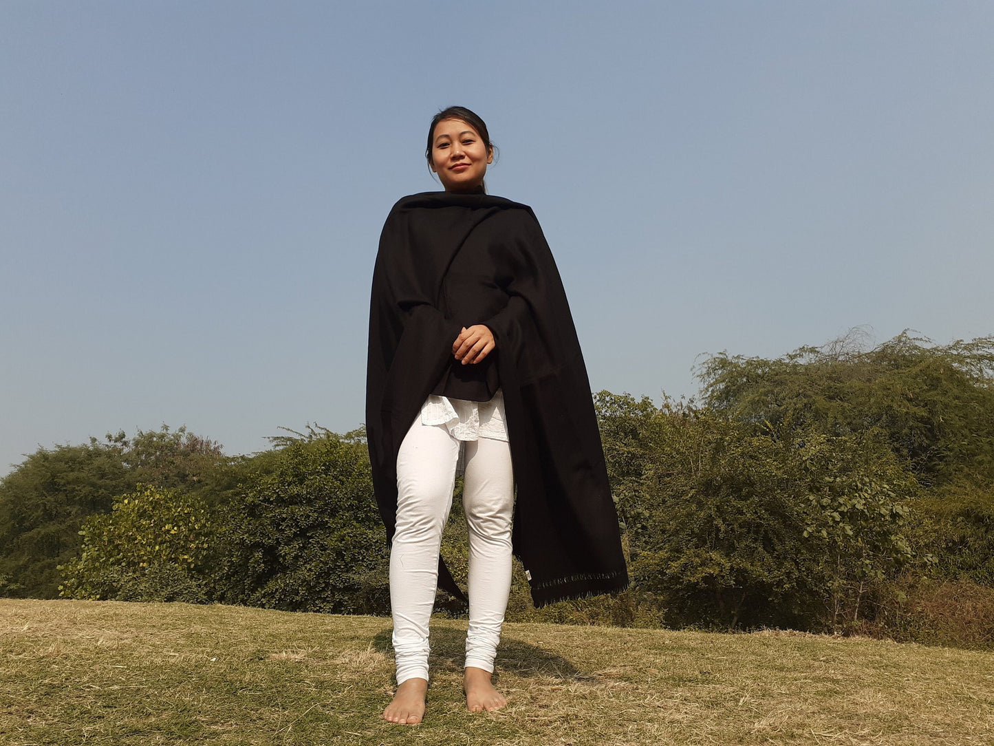 Handwoven Solid Black Pure Pashmina Wool Meditation Shawl,Cashmere Pashmina Prayer Blanket, Himalayan Cashmere Scarf, Pashmina Wool Wrap