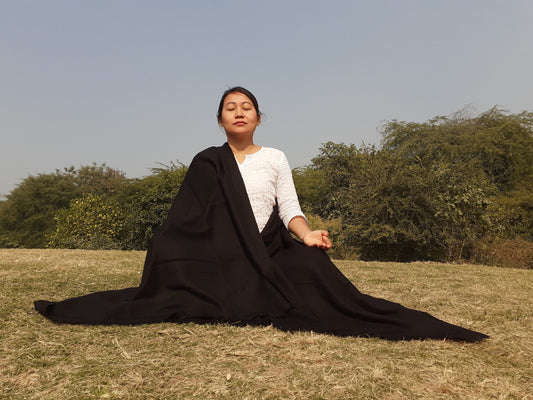 Handwoven Solid Black Pure Pashmina Wool Meditation Shawl,Cashmere Pashmina Prayer Blanket, Himalayan Cashmere Scarf, Pashmina Wool Wrap
