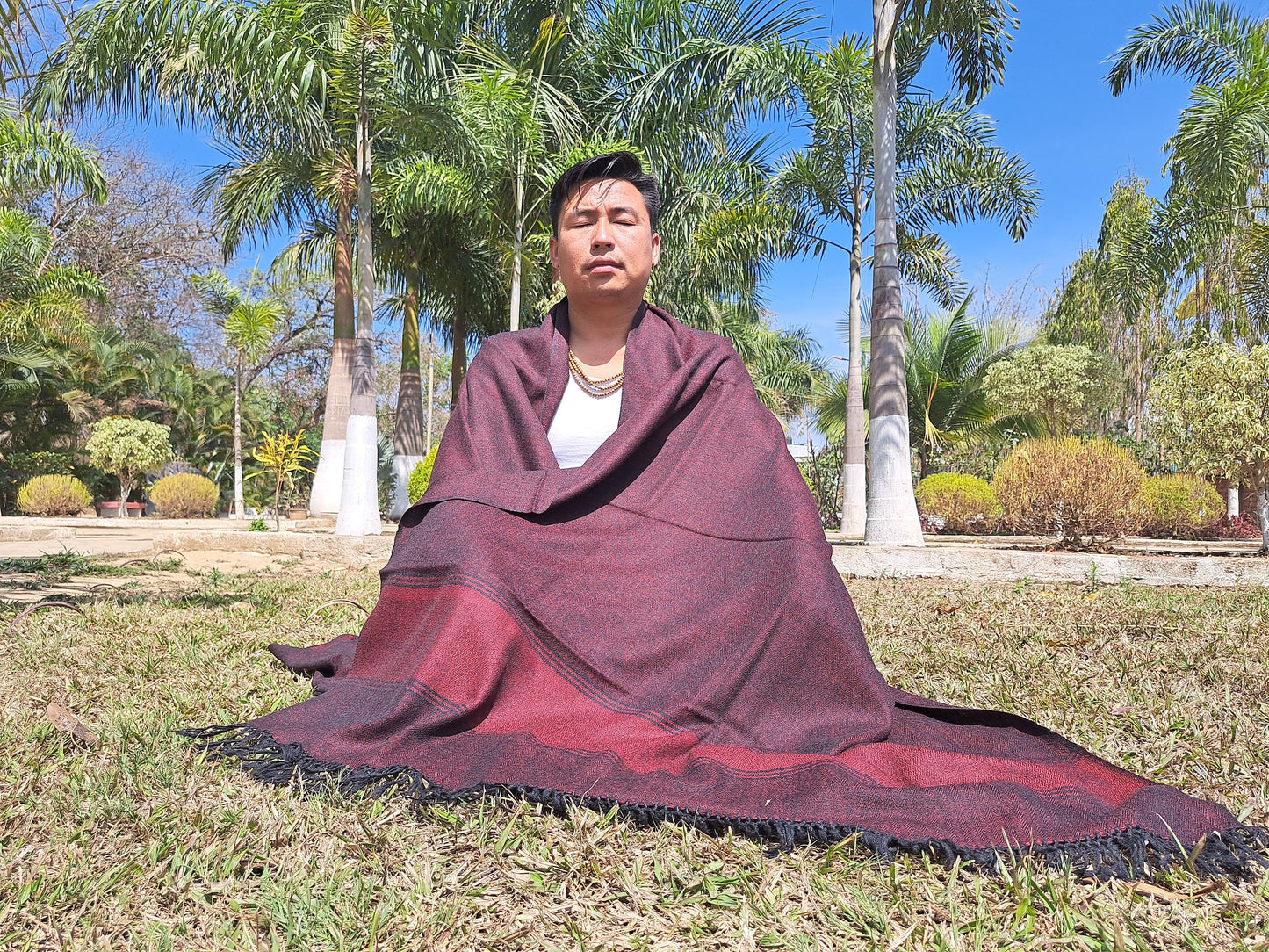 BODHISATTVA X-Large Handwoven DarkRed Himalayan Sheep Wool Buddhist Meditation Shawl,Indian Himalayan PrayerYoga Blanket,Tibetan Prayer Wrap