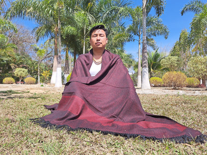 BODHISATTVA X-Large Handwoven DarkRed Himalayan Sheep Wool Buddhist Meditation Shawl,Indian Himalayan PrayerYoga Blanket,Tibetan Prayer Wrap