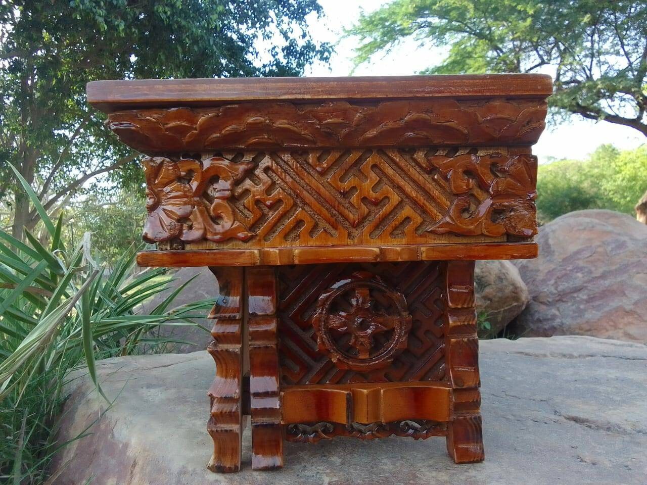 Medium Size Buddhist Auspicious Symbols Handcarved Foldable Wooden Tibetan Buddhist Altar,Zen Meditation Altar,Prayer Table,Wood Alter Table