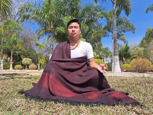 BODHISATTVA X-Large Handwoven DarkRed Himalayan Sheep Wool Buddhist Meditation Shawl,Indian Himalayan PrayerYoga Blanket,Tibetan Prayer Wrap