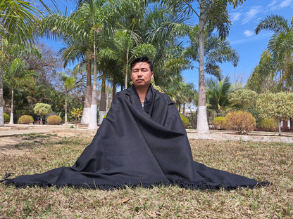 TRIVENI Handwoven Black Pure Himalayan Sheep Wool Meditation Shawl,Himalayan Prayer Blanket,Kullu Shawl,Ethnic Indian Shawl,Wool Prayer Wrap