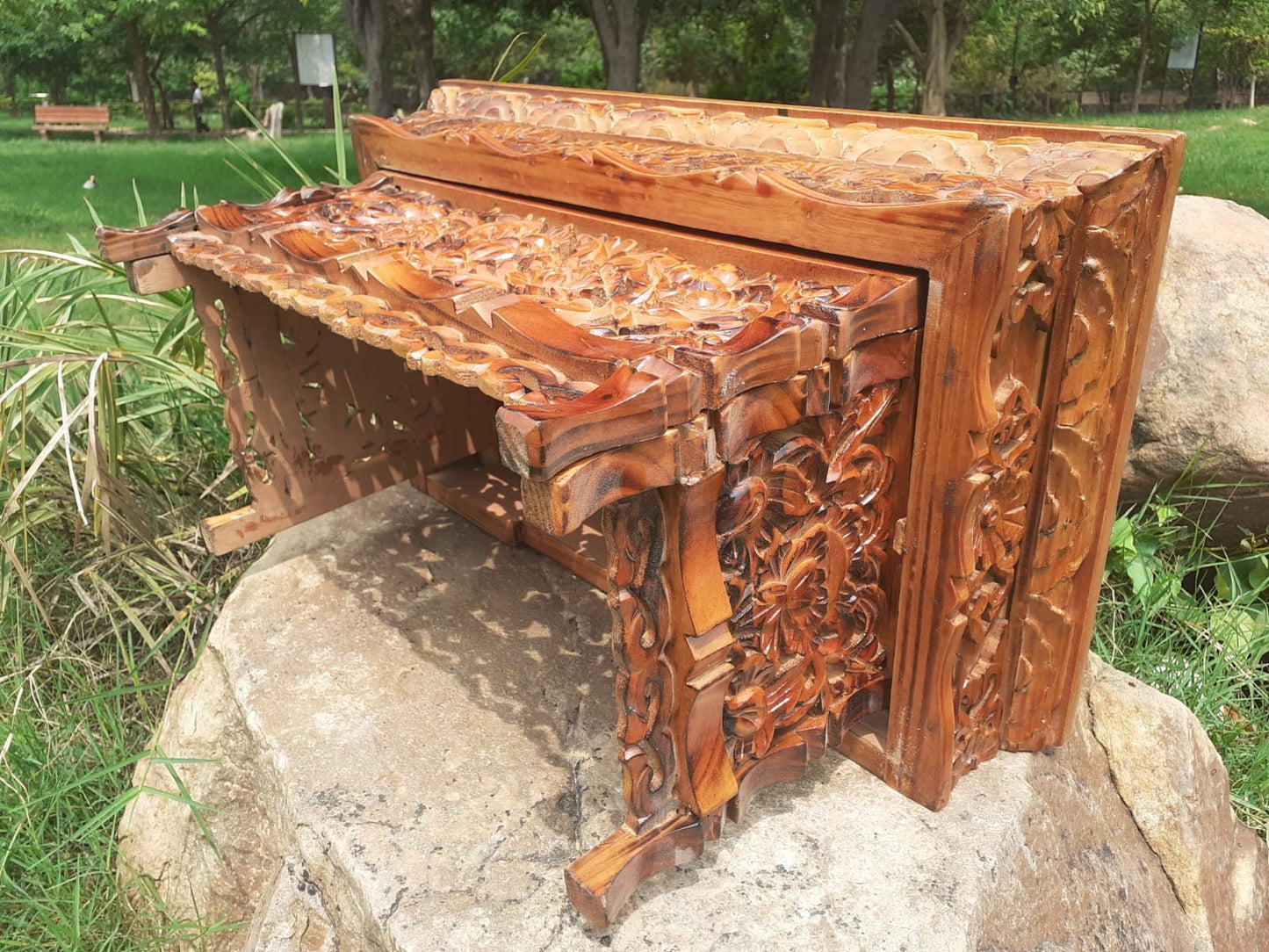 Medium Size Buddhist Auspicious Symbol Carved Foldable Wooden Tibetan Altar Table,Buddhist Prayer Table,Tibetan Meditation Altar,Zen Shrine