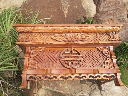 Medium Size Buddhist Auspicious Symbols Handcarved Foldable Wooden Tibetan Buddhist Altar,Zen Meditation Altar,Prayer Table,Wood Alter Table