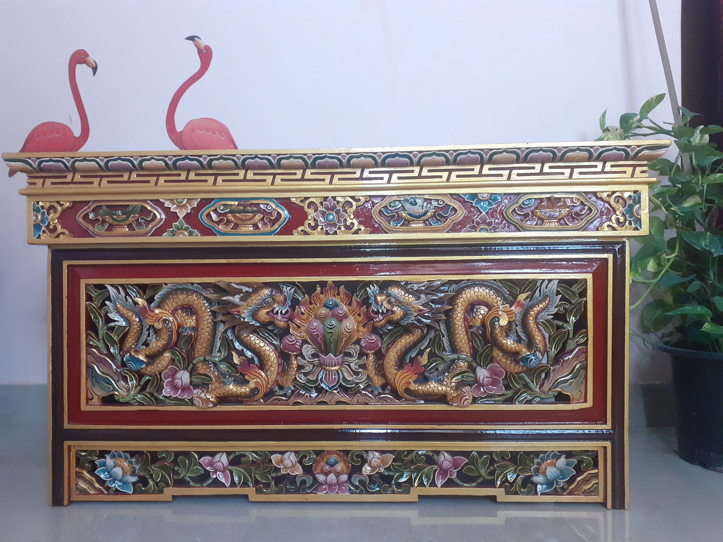 Handcarved Foldable Wooden Tibetan Buddhist Altar,Prayer table,Tibetan Alter Table,Tibetan Buddhist Altar Desk with Auspicious Symbols