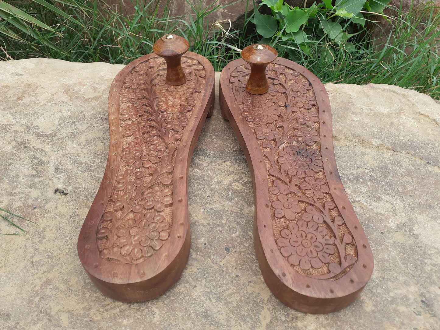 Himalayan"Yogis"Handcrafted Traditional Wooden Slippers for Meditation and Yoga, Unique Carved Wooden Charan Paduka with Floral Designed