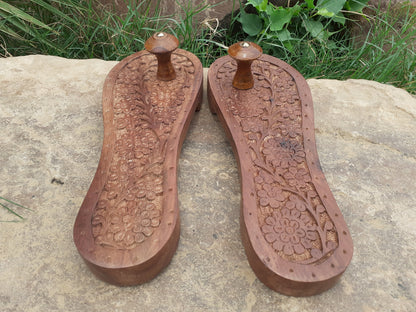 Himalayan"Yogis"Handcrafted Traditional Wooden Slippers for Meditation and Yoga, Unique Carved Wooden Charan Paduka with Floral Designed