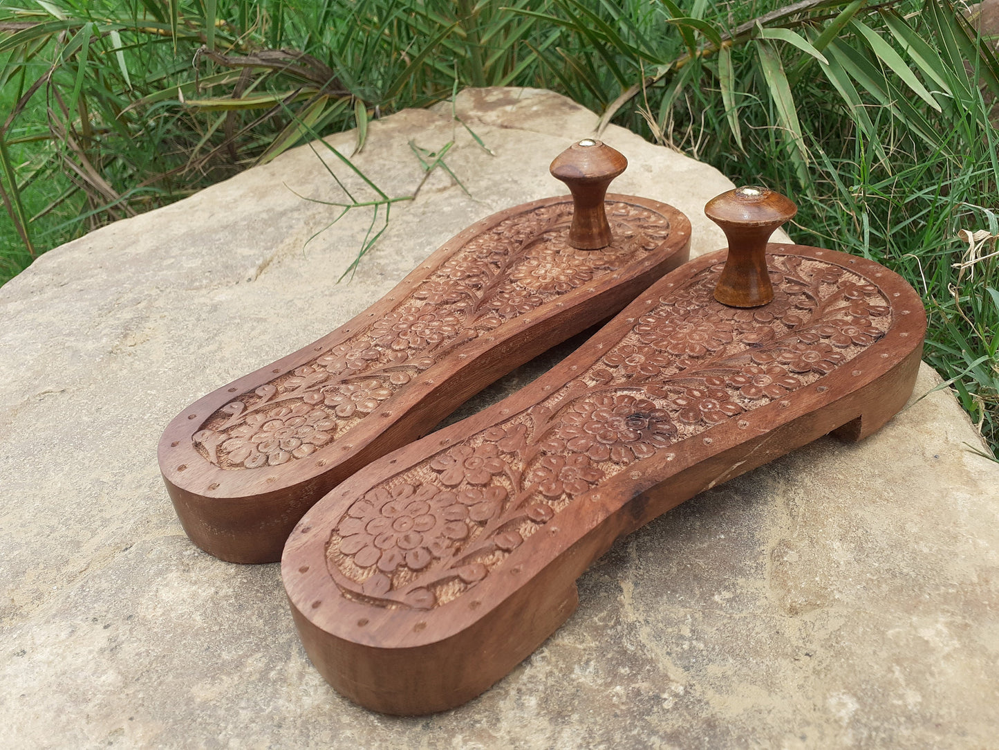 Himalayan"Yogis"Handcrafted Traditional Wooden Slippers for Meditation and Yoga, Unique Carved Wooden Charan Paduka with Floral Designed