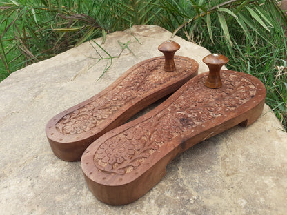 Himalayan"Yogis"Handcrafted Traditional Wooden Slippers for Meditation and Yoga, Unique Carved Wooden Charan Paduka with Floral Designed