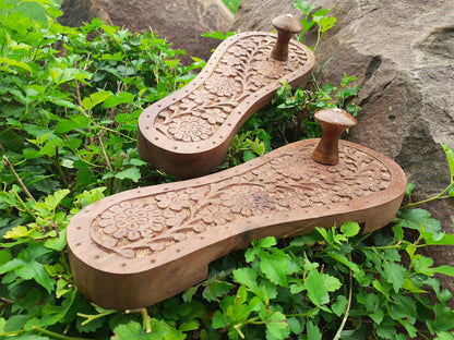 Himalayan"Yogis"Handcrafted Traditional Wooden Slippers for Meditation and Yoga, Unique Carved Wooden Charan Paduka with Floral Designed