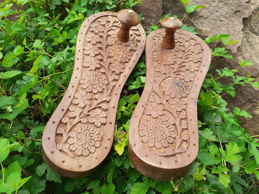 Himalayan"Yogis"Handcrafted Traditional Wooden Slippers for Meditation and Yoga, Unique Carved Wooden Charan Paduka with Floral Designed