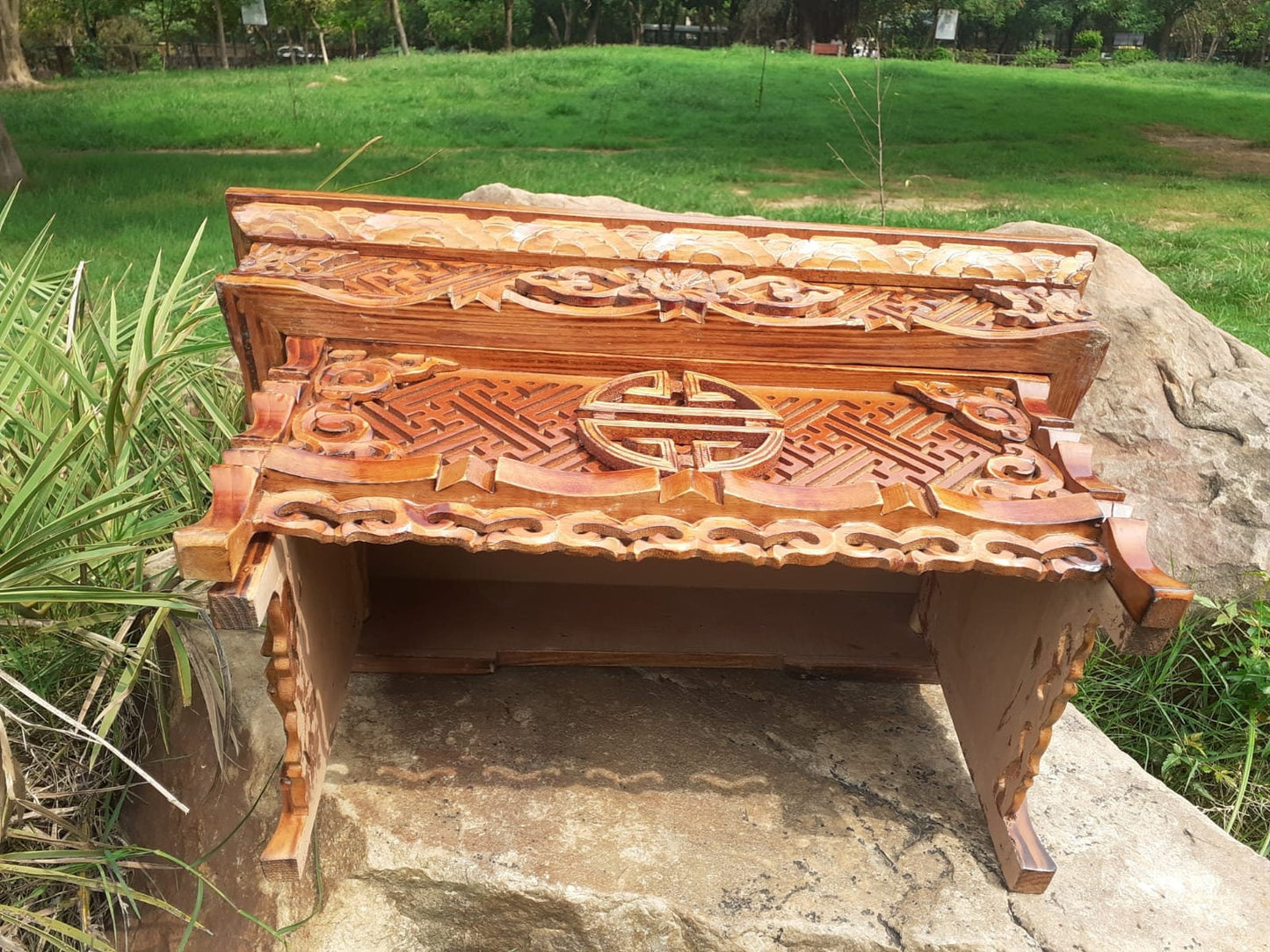 Medium Size Buddhist Auspicious Symbols Handcarved Foldable Wooden Tibetan Buddhist Altar,Zen Meditation Altar,Prayer Table,Wood Alter Table